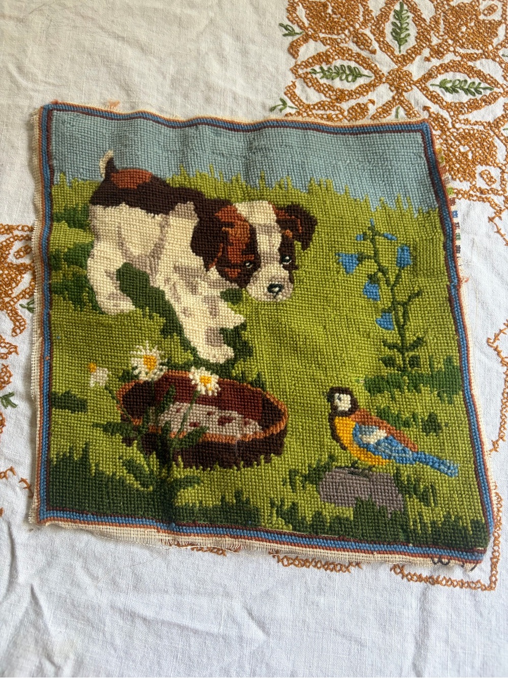VINTAGE Handmade Needlepoint Puppy & Bird  Tapestry - Green, Blue, Brown